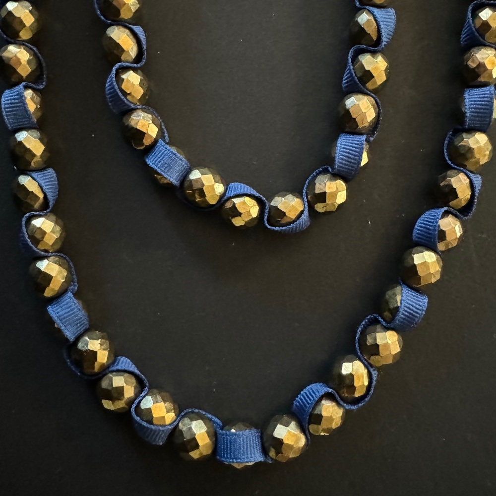NWOT Lee Angel Blue Ribbon Gold color bead Necklace